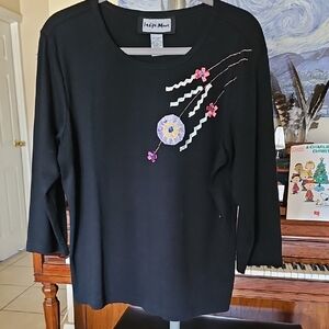 Indigo Moon Black Long Sleeve Top with Embellished Floral Accents